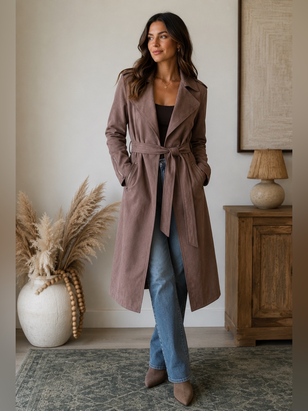 Stylish Mauve Suede Trench Coat - Classic Wrap Belt